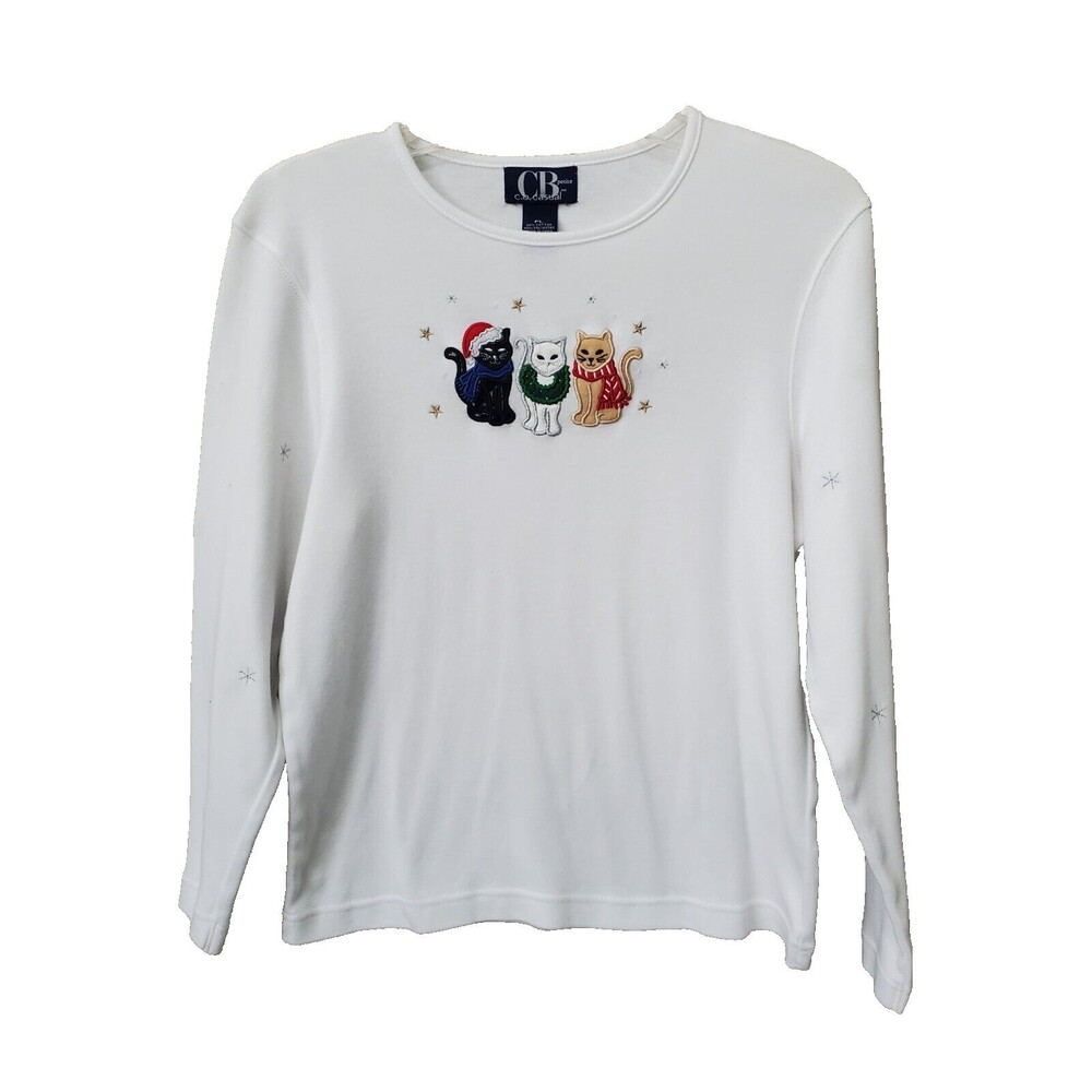 CB Casual Petite Cotton Blend Christmas Cats Stars Long Sleeve T-Shirt Size PL